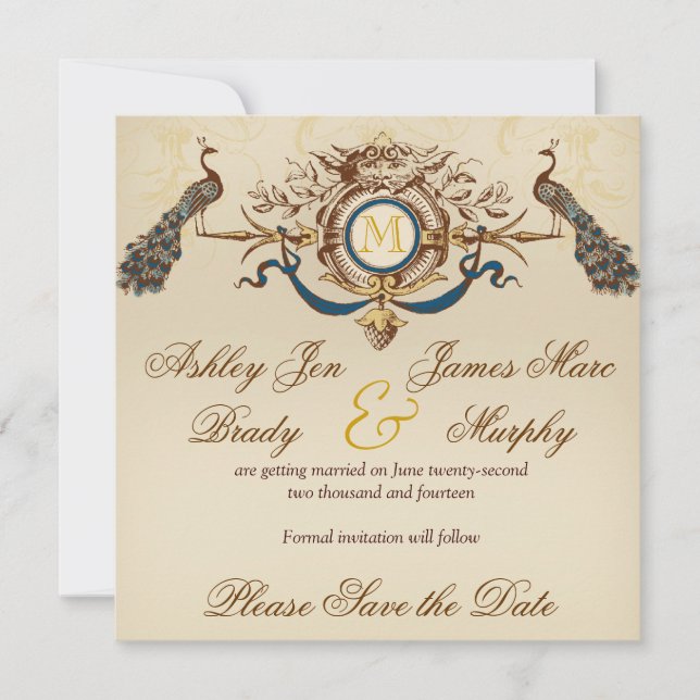 Cartes d'annonce de mariage élégantes au paon (Devant)