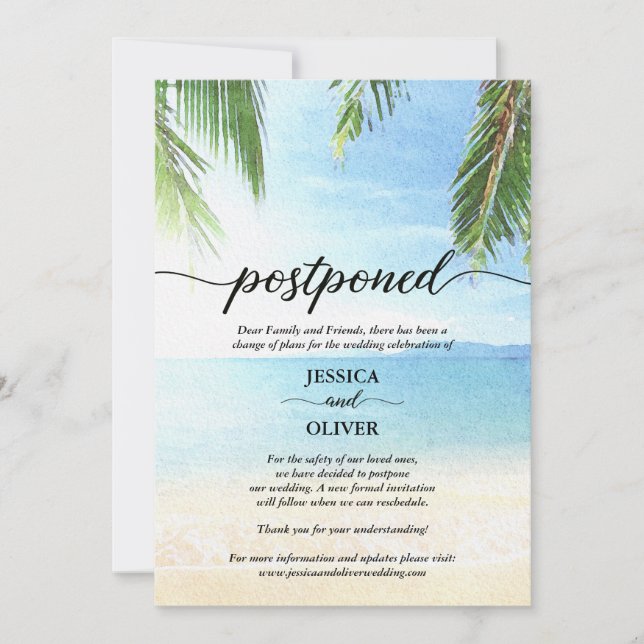 Cartes d'annonce de mariage reporté thème plage (Devant)