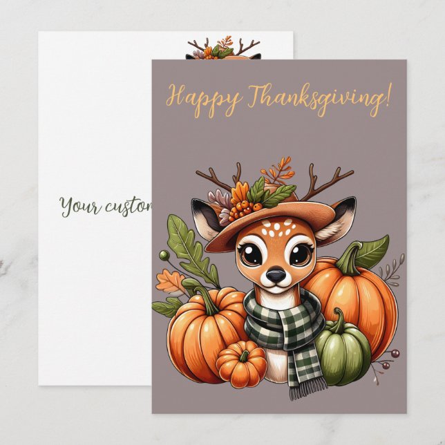 Cartes d'aquarelle de cerf de Bon thanksgiving ado (Devant / Derrière)