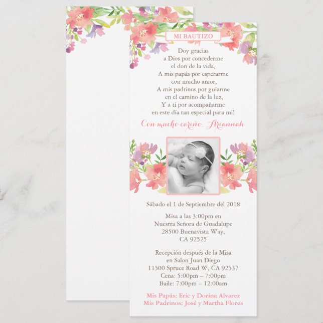 Cartes de baptême pour fille en espagnol ; Bautism (Devant / Derrière)
