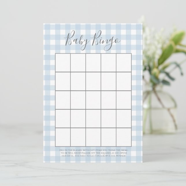 Cartes de Bingo Baby shower Garçon Blue En vichy (Debout devant)