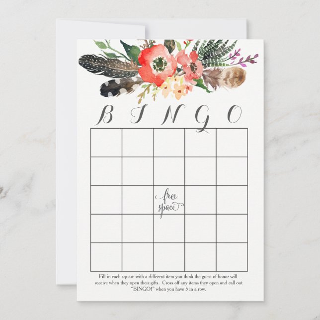 Cartes de Bingo de douche à fleurs aquarelles bohè (Devant)