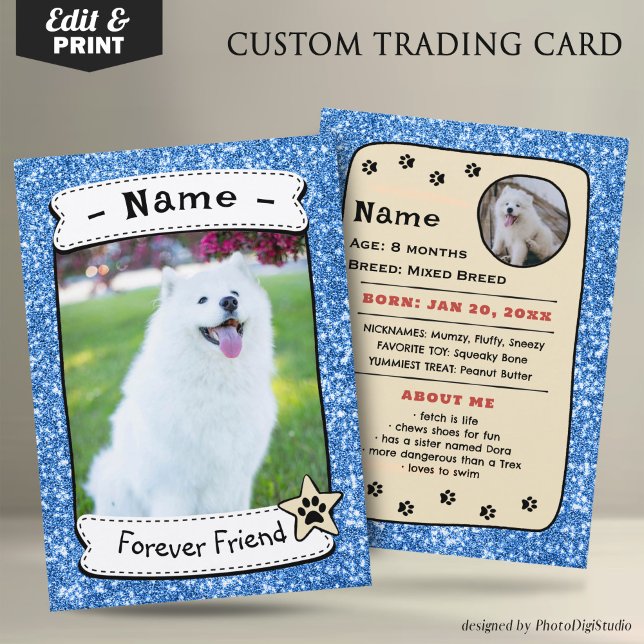 Cartes de Chien Personnalisées Modèle de carte de  (Glitter Blue Pet Trading Card Dog Trading Card Therapy Dog)