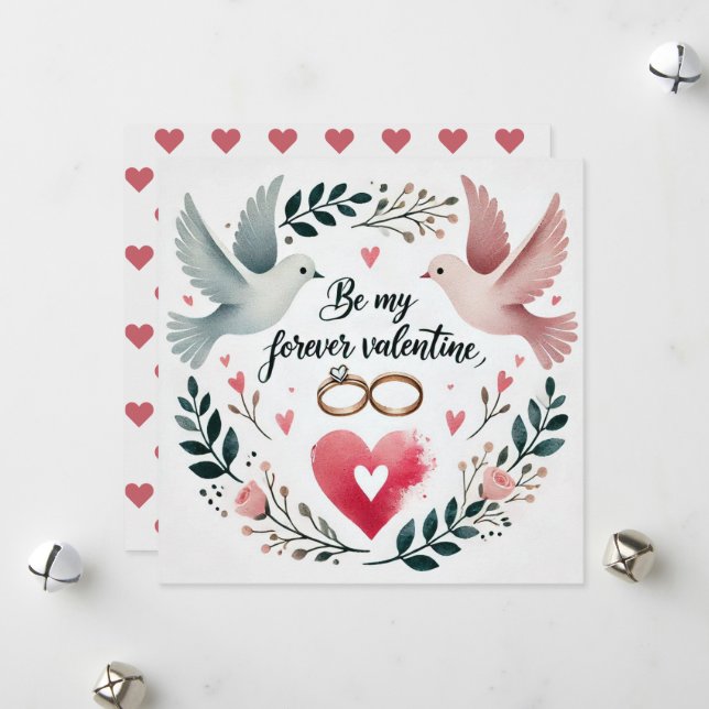 Cartes de cœur avec colombes romantiques et anneau (Devant/Arrière en situation)