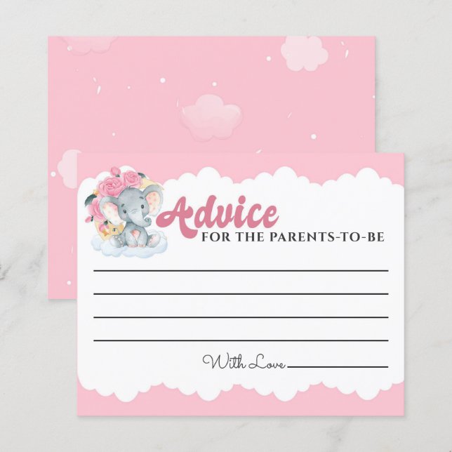 Cartes de conseil Baby shower Fille Eléphant Rose  (Devant / Derrière)