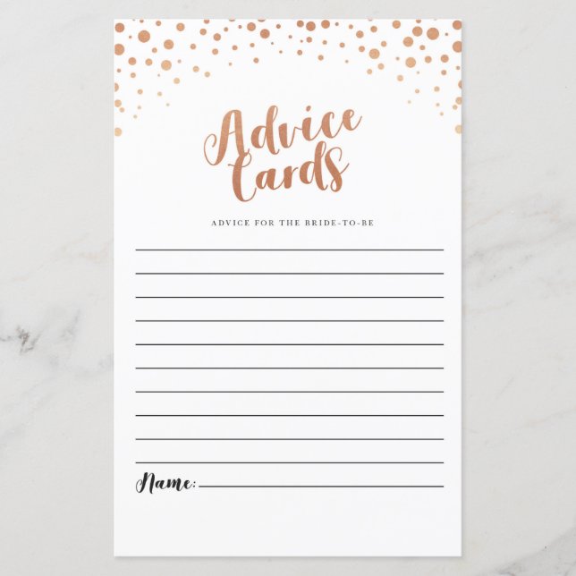 Cartes de conseil Fête des mariées Rose Gold Confe (Devant)