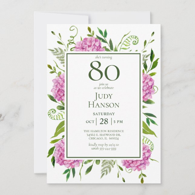 Cartes de demande d'hydrangeas roses pour 80e anni (Devant)