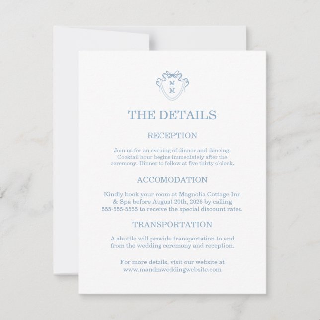 Cartes de détails de mariage bleues dessinées à la (Devant)