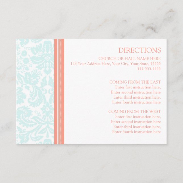 Cartes de direction mariage Aqua Coral Damask (Devant)