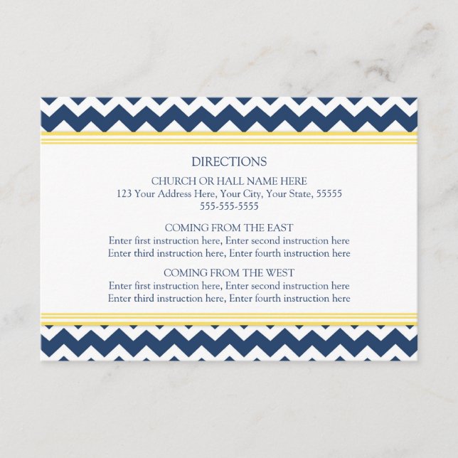 Cartes de direction mariage Bleu Jaune Chevron (Devant)
