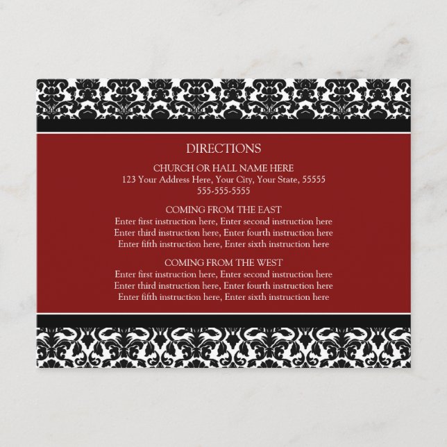 Cartes de direction mariage Rouge Noir Damas (Devant)
