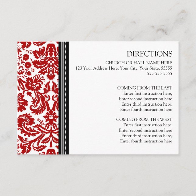 Cartes de direction mariage Rouge Noir Damas (Devant)