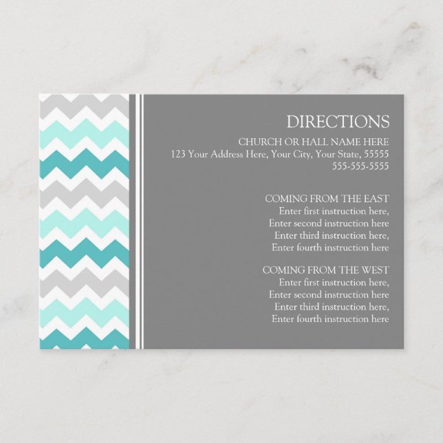 Cartes de direction mariage Turquoise Gris Chevron (Devant)