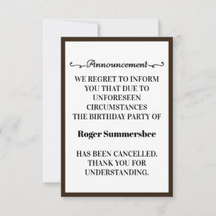 Cartes de Faire-part d'annulation de fête d'annive