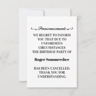 Cartes de Faire-part d'annulation de fête d'annive