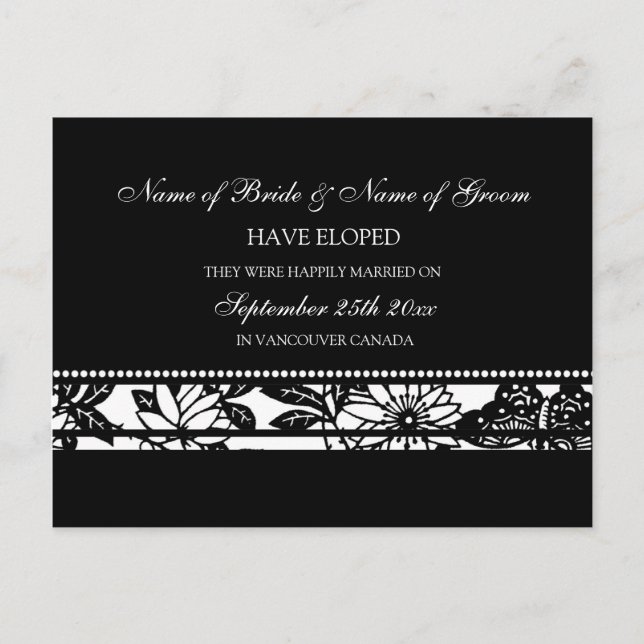 Cartes de faire-part de mariage en fuite Noir et B (Devant)