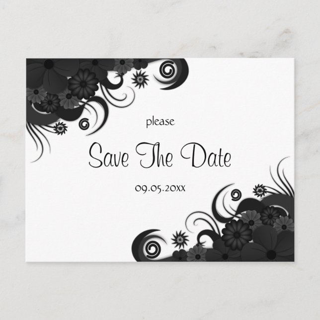 Cartes de Faire-Part Floral Noir et Blanc Gothique (Devant)
