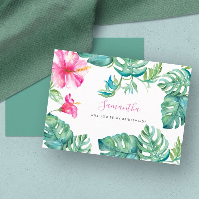 Cartes de femme de ménage de couleur d'eau tropica (floral bridesmaid cards tropical pink flowers palm leaves destination wedding Victoria Grigaliunas)