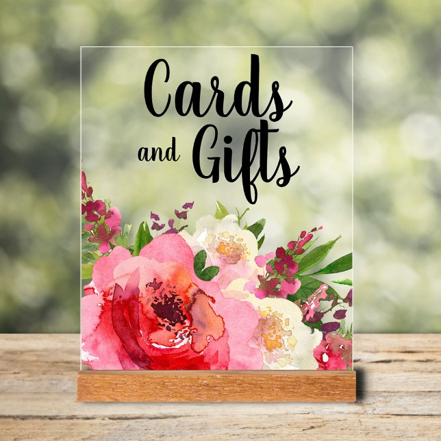Cartes de Fête des mariées et cadeaux aux fleurs r (Cards & Gifts bridal shower tabletop acrylic sign with pink and cream flowers and greenery)