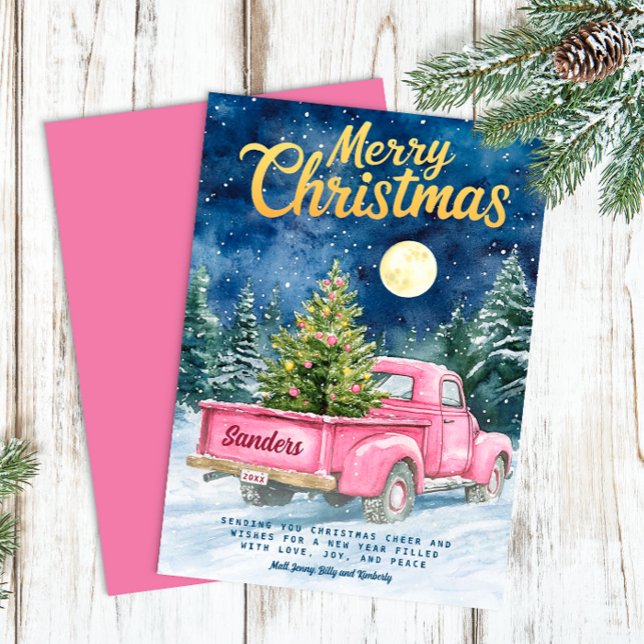 Cartes de fin de année vintages de camion rose (Retro Christmas Greeting Card)
