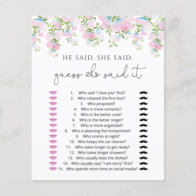 Cartes de jeu de devinette Blush Floral He Said Sh (Devant)