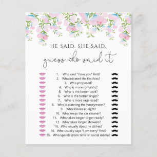 Cartes de jeu de devinette Blush Floral He Said Sh