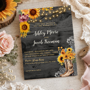 Cartes de Mariage Bottes de Cowboy Charbon Rustiqu