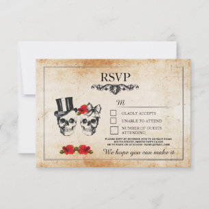 Cartes de mariage crânes RSVP Crânes Roses Rustiqu