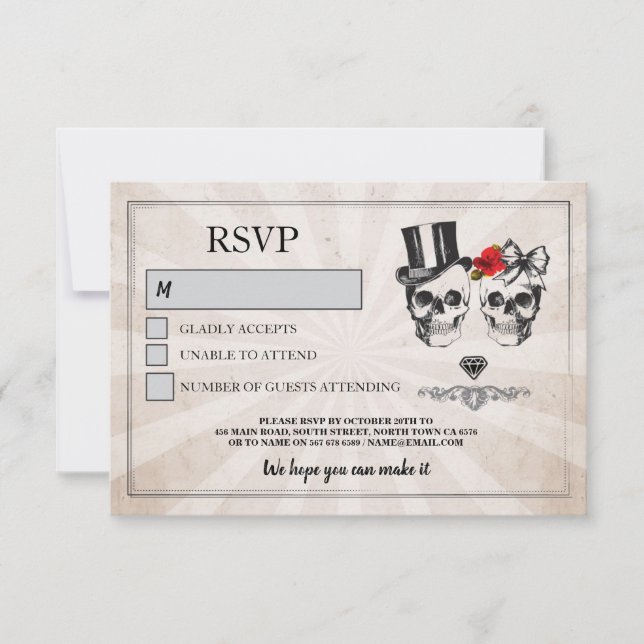 Cartes de mariage crânes RSVP Crânes Roses Rustiqu (Devant)