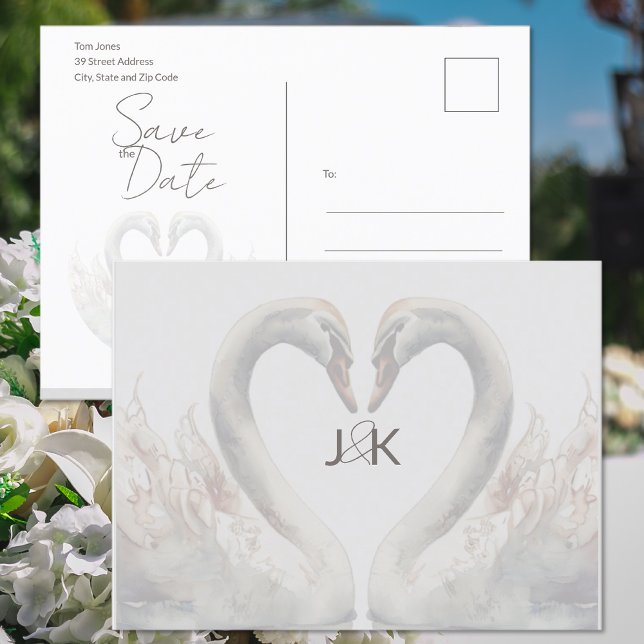 Cartes de mariage de cygnes romantiques "Save the  (Romantic Swans Wedding Save the Date Postcard (front and back))