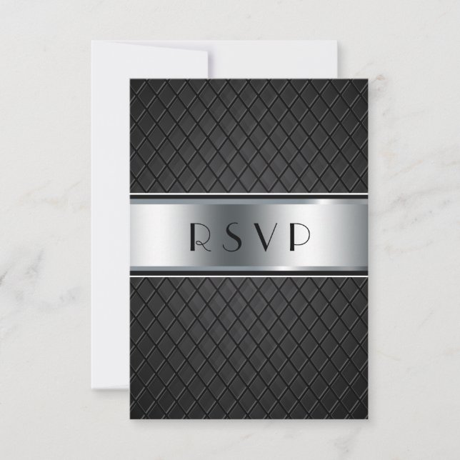 Cartes de mariage RSVP, Elégant noir et argent (Devant)