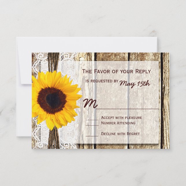 Cartes de mariage RSVP pour tournesol rustique (Devant)