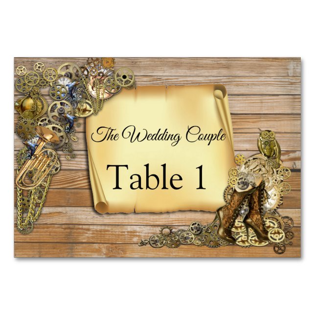 Cartes de mariage steampunk sur table en bois (Devant)