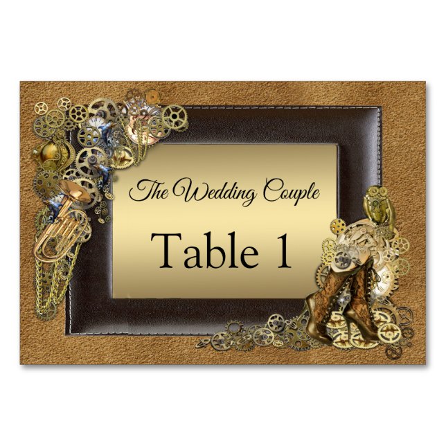 Cartes de mariage steampunk sur table en daim (Devant)