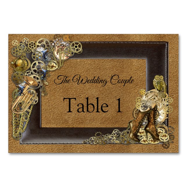 Cartes de mariage steampunk sur table en daim (Devant)
