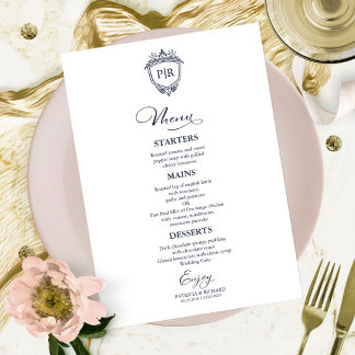 Cartes de menu de mariage à monogramme bleu marine