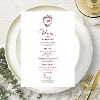 Cartes de menu de mariage à monogramme élégant bor