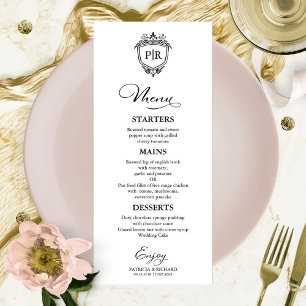 Cartes de menu de mariage à monogramme noir et bla
