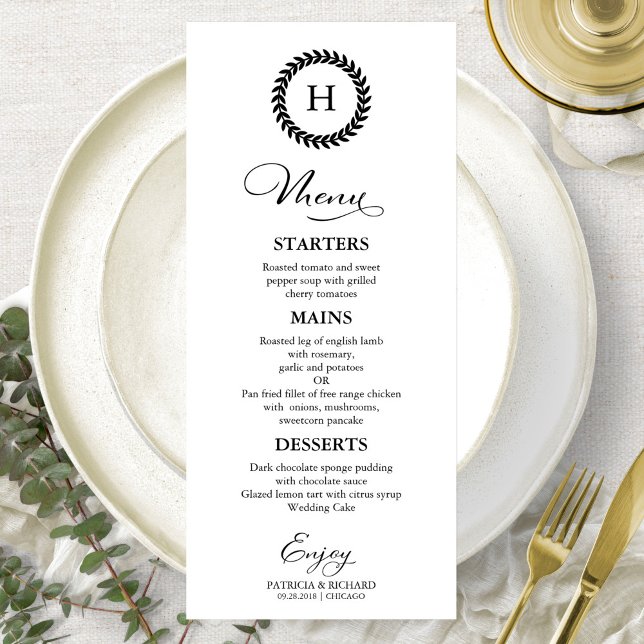 Cartes de menu de mariage à monogramme noir et bla (Créateur téléchargé)