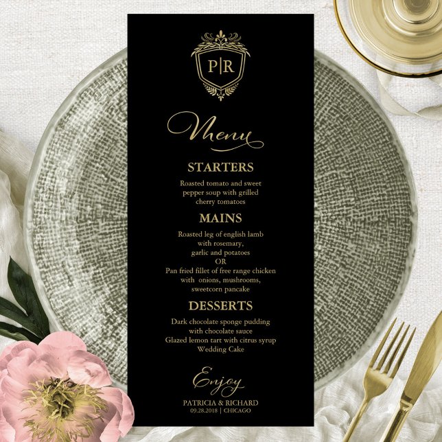 Cartes de menu de mariage à monogramme noir et or (Créateur téléchargé)