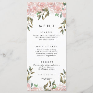 cartes de menu de mariage avec roses roses et verd