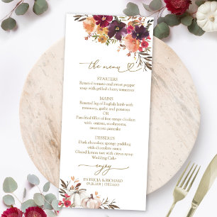 Cartes de menu de mariage citrouille bordeaux pour
