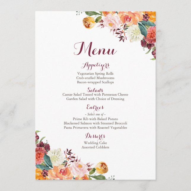 Cartes de menu de mariage de fleur de chute, rouge (Devant)