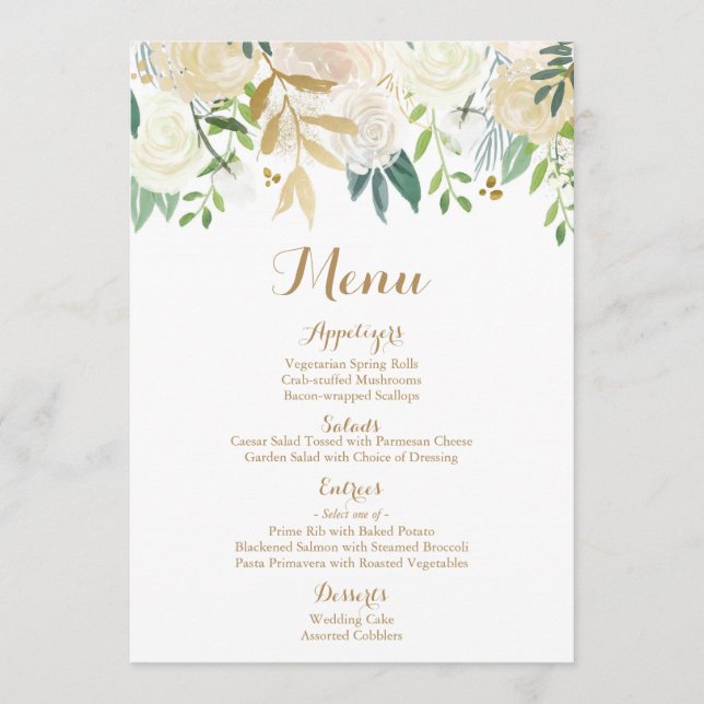 Cartes de menu de mariage d'or et de fleur blanche (Devant)