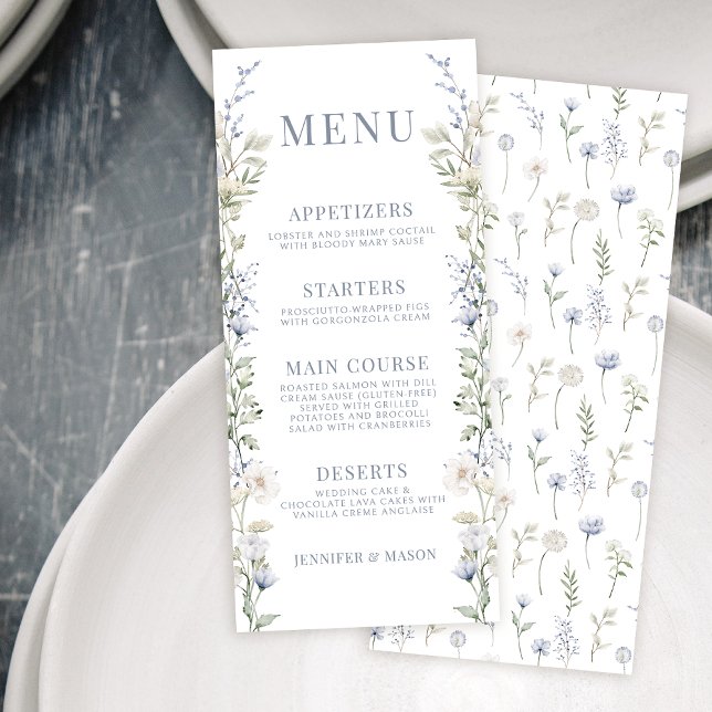 Cartes de menu de mariage du jardin bleu rustique  (Créateur téléchargé)