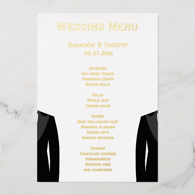 Cartes de menu de mariage gay élégantes avec feuil (Recto)