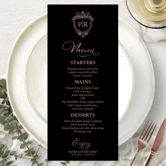 Cartes de menu de mariage Monogram noir et or rose (Créateur téléchargé)