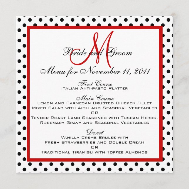 Cartes de Menu de Mariage Points Monogramme Rouge  (Devant)