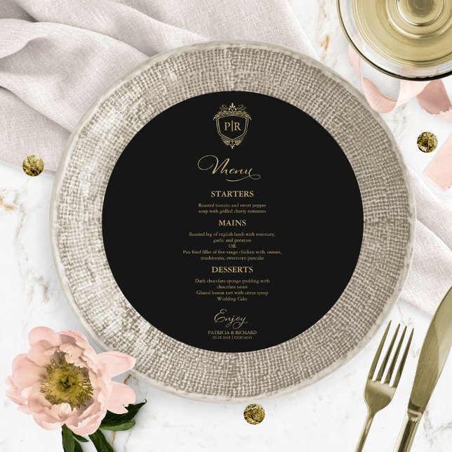 Cartes de menu de mariage rondes à monogramme noir (Créateur téléchargé)