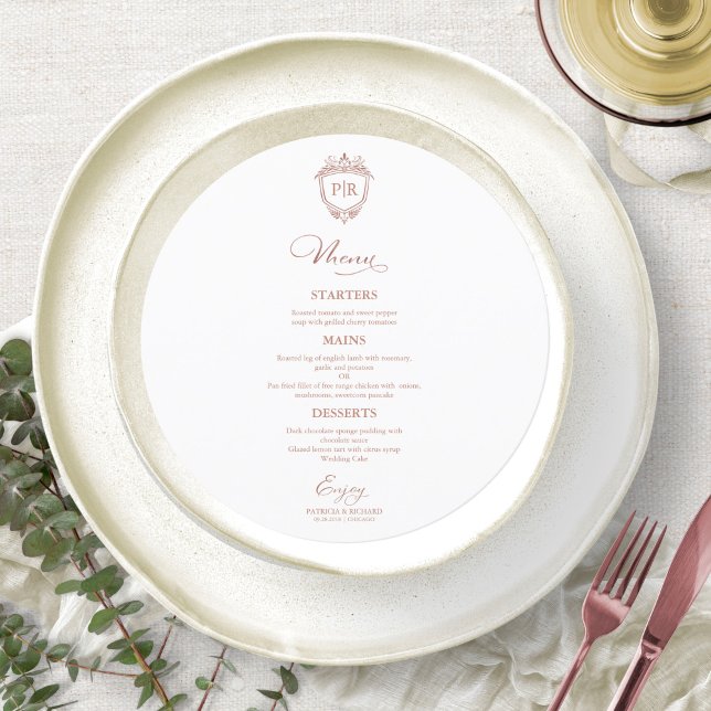Cartes de menu de mariage rondes à monogramme Rose (Créateur téléchargé)